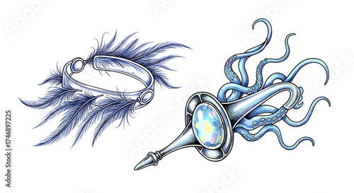 Imaginative Jewelry Still Life: A Feathered Headband and Tentacled Artifact