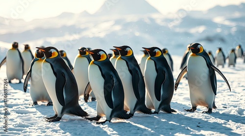 Vibrant cinematic penguins, lively snow scene with film-like lighting