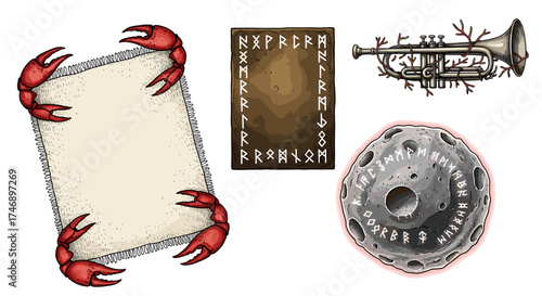Intriguing Elements: Crab Claws, Runes, Trumpet, and Mysterious Moon Design