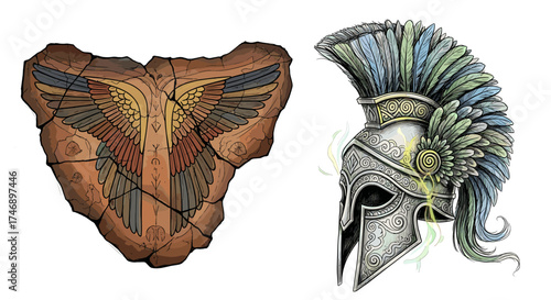 Ancient Winged Tablet and Ornate Helmet Illustration with Glowing Energy