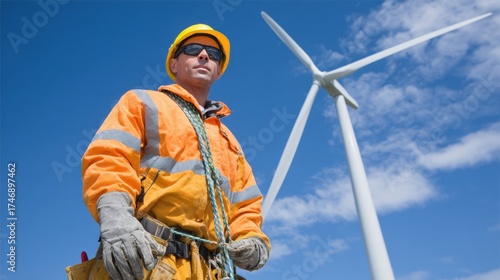Engineer at wind turbine site, renewable energy and sustainable power technology