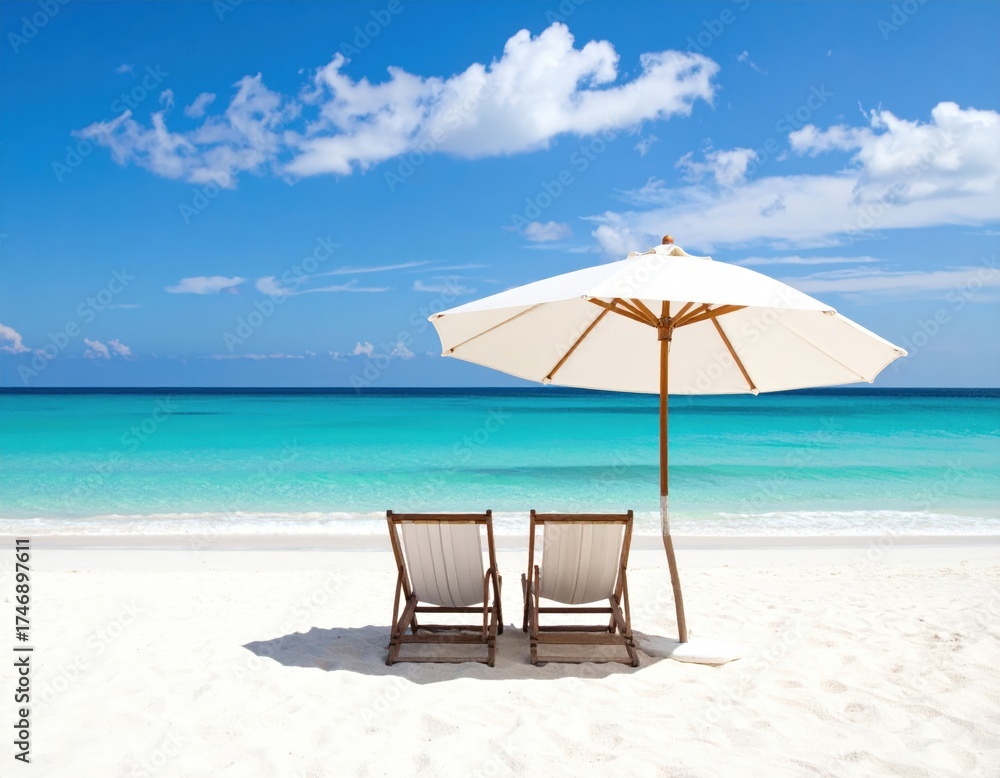 Fototapeta premium Beach Scene with White Sand Turquoise Water and Beach Chairs Under Parasol on Sunny Day