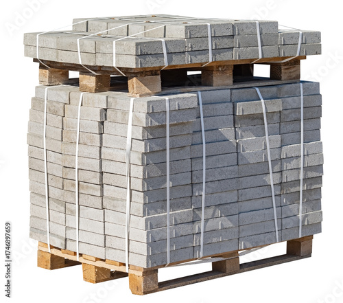 The pallet with a stack of concrete curbstone on white