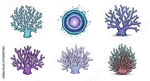 Colorful Coral Reef Elements Isolated on White Background Set