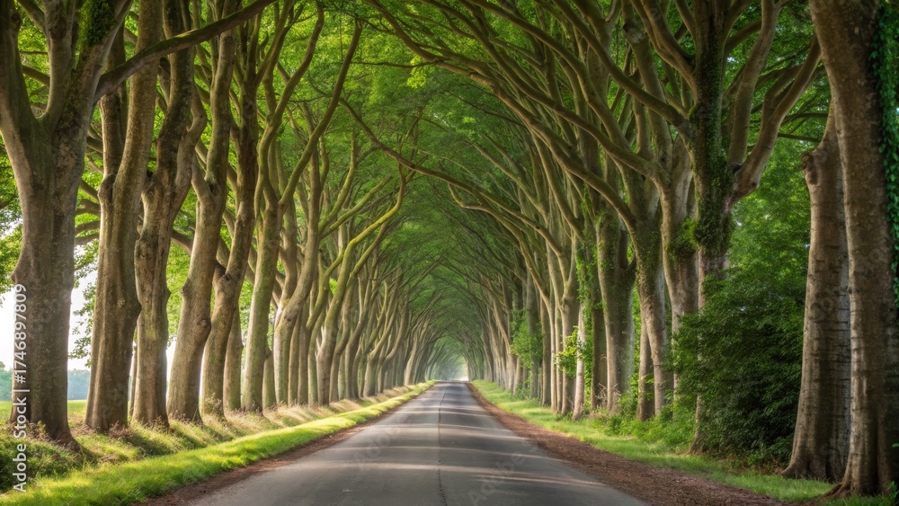 Fototapeta premium Peaceful tree-lined road serene countryside landscape photography natural environment eye-level view tranquility