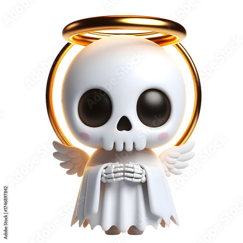 Cute 3d skeleton wearing ghost cloak surrounded by a golden halo isolated on white background