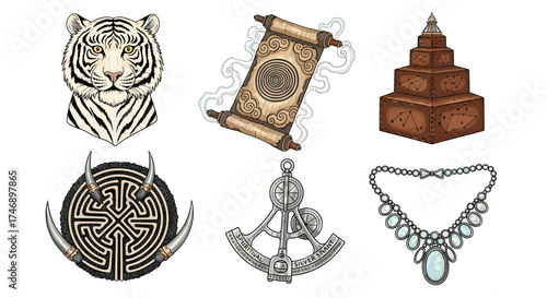 Mystical set featuring a white tiger, scroll, monument and necklace