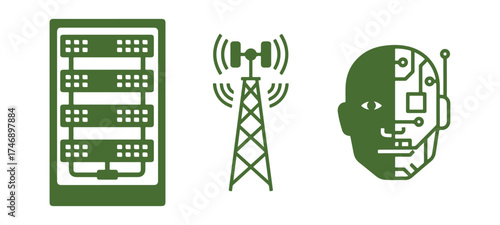 Server Rack Communication Tower and Cyborg Head Icons data center storage
