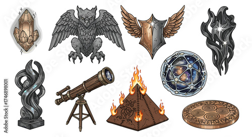 Fantasy Collection: Hand-Drawn Magical and Mystical Artifacts on White Backdrop