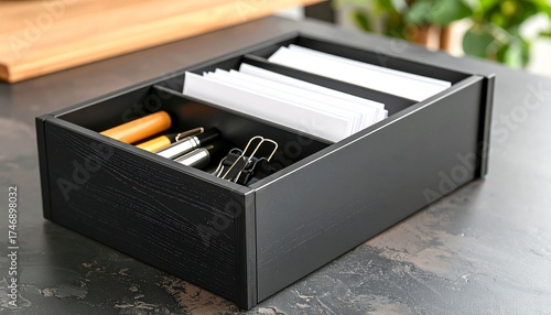 A dark wooden organizer with sections holding pens, paper, and clips, sitting on a textured countertop, with a wooden surface in the background
