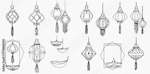 A detailed black and white line drawing of various hanging lanterns and oil lamps.