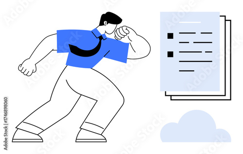 Person leaning into motion, facing documents and a cloud, symbolizing determination and focus. Ideal for productivity, goal-setting, personal growth, business strategy, resilience, teamwork