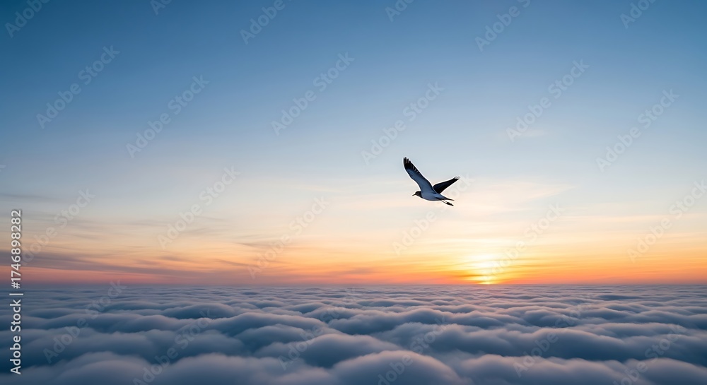 Naklejka premium Bird flying above the clouds at sunset against a colorful sky