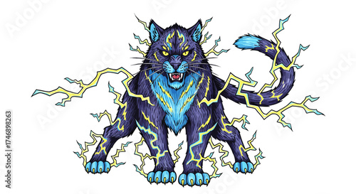Electric Cat Creature: Striking Feline with Lightning Power on White Backdrop