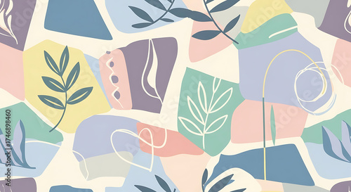 Abstract Minimalist Organic Shape and Plant Element Seamless Repeat Pattern