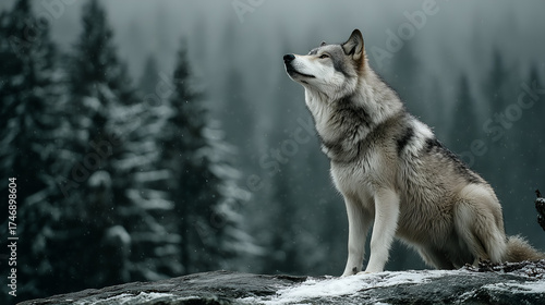 Majestic Gray Wolf Standing On Snow-Covered Rock In Winter Forest, Photorealistic Wildlife Scene With Misty Pines And Serene Atmosphere