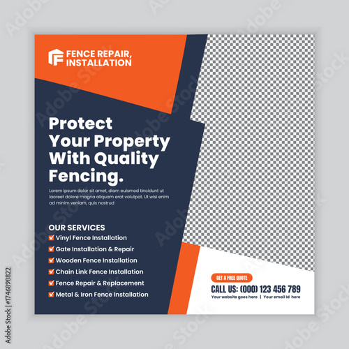Residential and commercial fence repair and installation services, social media post or web banner design template for outdoor fencing, security fencing, and property boundary solutions