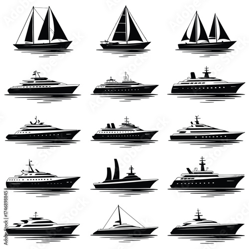 A vector illustration of vintage sailing boats and a yacht on the sea under the sky, offering a nautical travel scene