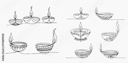 A collection of hand-drawn Diwali lamps, showcasing traditional Indian oil lamps with intricate designs and flickering flames.