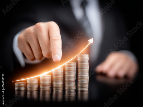 businessman pointing at a growing coins stock and an arrow pointing up
