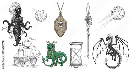 Mystical Fantasy Illustration Featuring Creatures, Objects, and Other Unique Elements