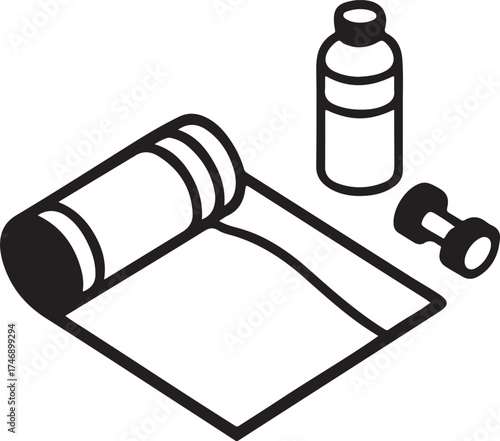Isometric illustration of yoga mat water bottle and dumbbell for fitness
