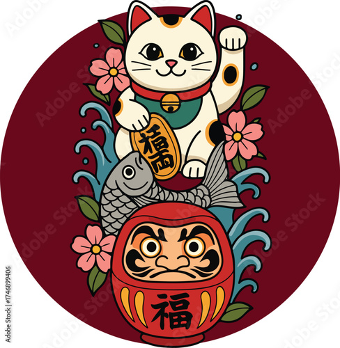 Lucky Cat and Daruma Vector EPS