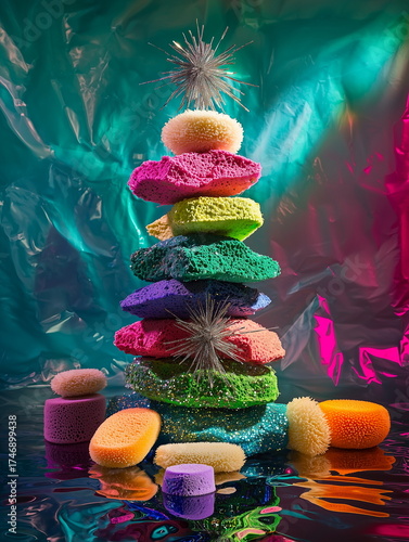 Avant-garde Christmas tree with bath loofah sponges in high fashion editorial style