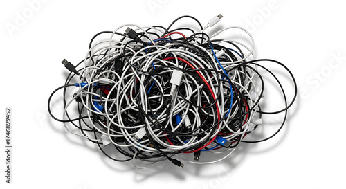 Messy Overhead Electronic Cables and Wires Isolated on White Background