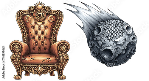 Ornate Celestial Throne with Meteor: A Fantasy Illustration Composition