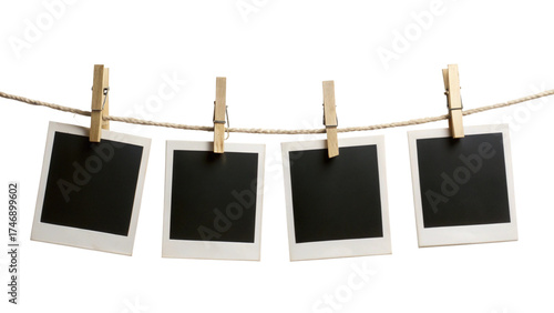 Four Blank Instant Photo Frames Hanging on Rope – Empty Polaroid Gallery Mockup PNG