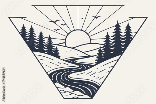  abstract geometric landscape, minimalist, nature, sun, waves, flowing lines, symmetry, digital art, 4k