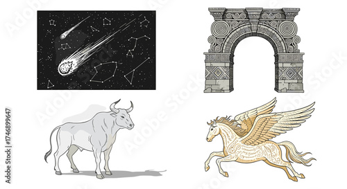 Mythical Creatures and Celestial Elements: A Collage of Fantasy Art