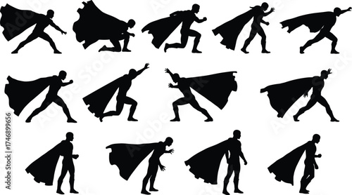 Superhero silhouette vector set with dynamic cape action poses, heroic stances, flying, running, jumping, comic style illustration design