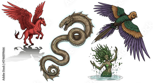 Diverse array of mythical creatures rendered in vibrant illustration style