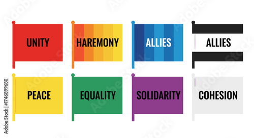 A collection of colorful flags, each inscribed with a word representing core values of unity, harmony, and equality, promoting inclusivity and solidarity in a graphic, symbolic design.
