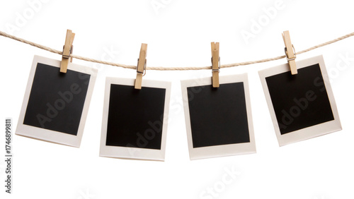 Four Blank Instant Photo Frames Hanging on Rope – Empty Polaroid Gallery Mockup PNG