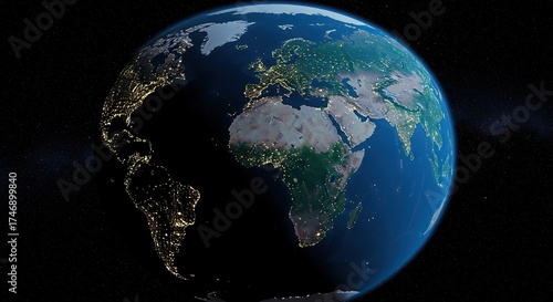 Planet Earth From Space Showing Continents And City Lights At Night.