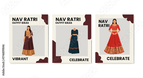 Three stylized Navratri outfit ideas are presented, showcasing vibrant and festive clothing options for the celebration, each with a unique design and style.