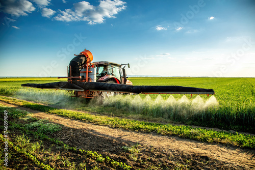 Tractor spraying agricultural wheat field applying pesticide chemical