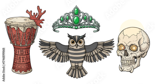 Whimsical Still Life: Mystical Drum, Jeweled Tiara, Owl, and Glowing Skull
