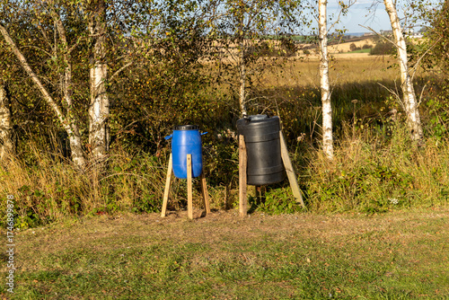 Makeshift Pheasant Feeders in a Game Shooting Rural Location on a Summer Evening