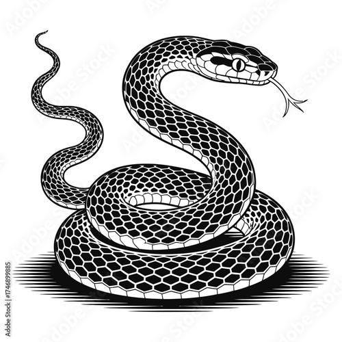 A cartoon illustration of a cute green snake, a dangerous wild reptile, with black eyes and scales, isolated on a white background, symbolizing nature and wildlife
