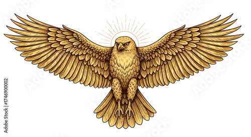 Golden eagle soars with outstretched wings, symbolizing power and freedom.