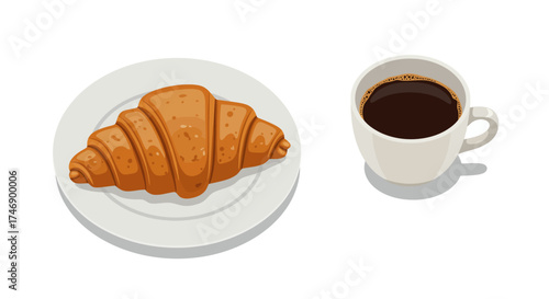 A croissant on a plate and a cup of coffee rest sidebyside