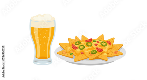 A foamy beer and cheesecovered nachos are depicted on a white backdrop