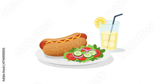 A hotdog on a plate next to a salad and a glass of lemonade with a lemon slice and a straw