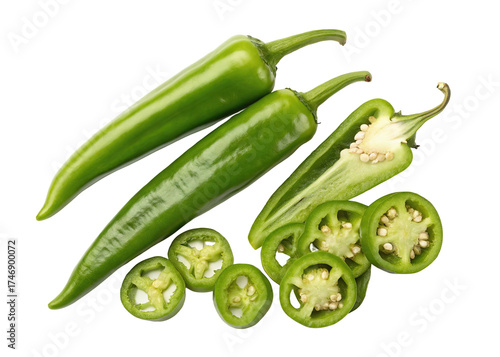 Fresh green chili peppers and slices isolated on transparent background, a spicy ingredient