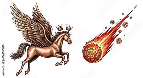 Majestic Pegasus With Crown Faces a Fiery Comet Approaching