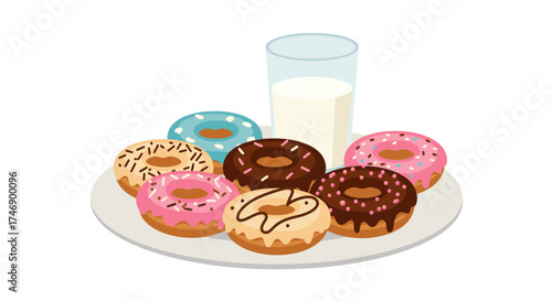 A plate holds donuts beside a glass of milk against a white background